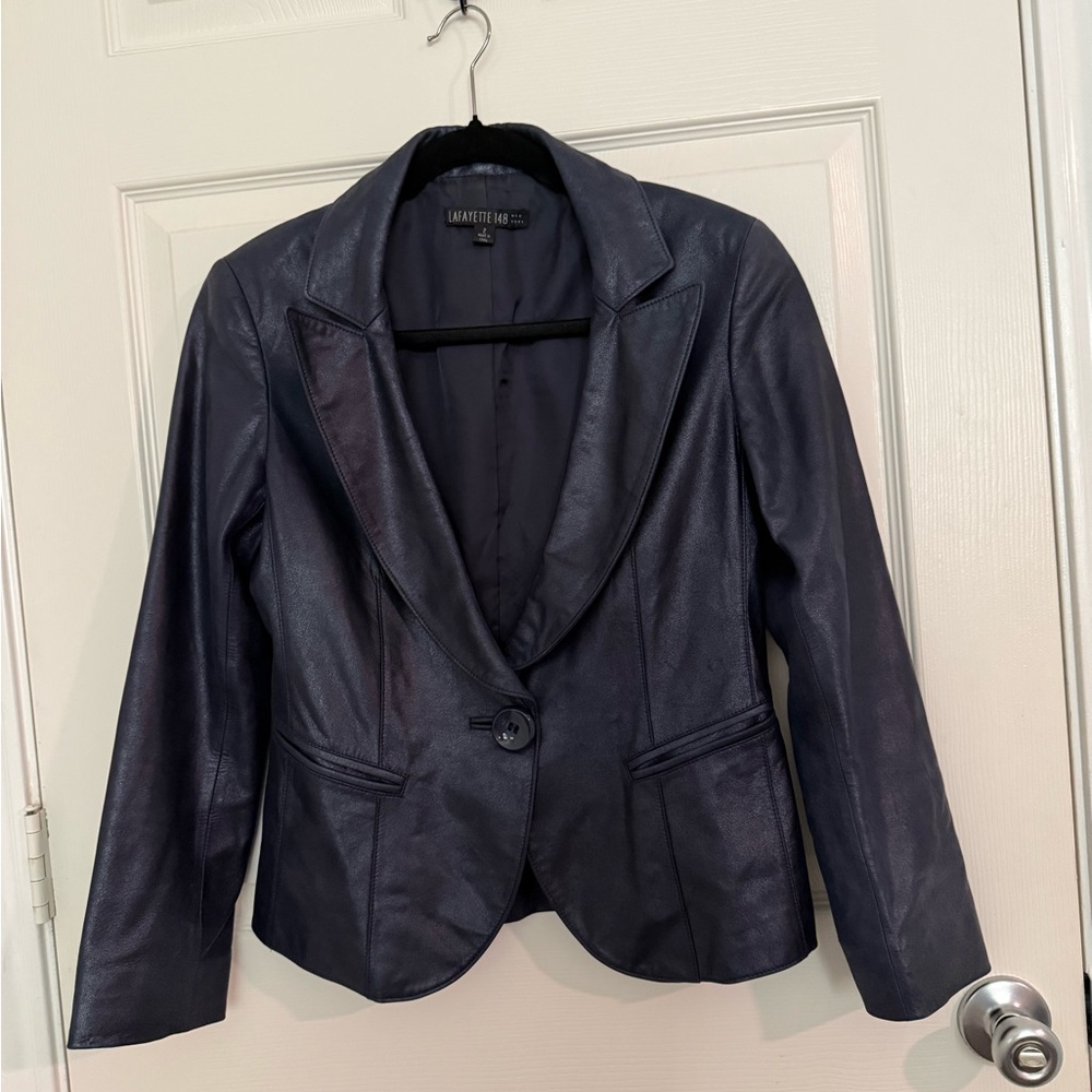Lafayette 148 Leather Blazer Jacket Metallic Blue Size 2